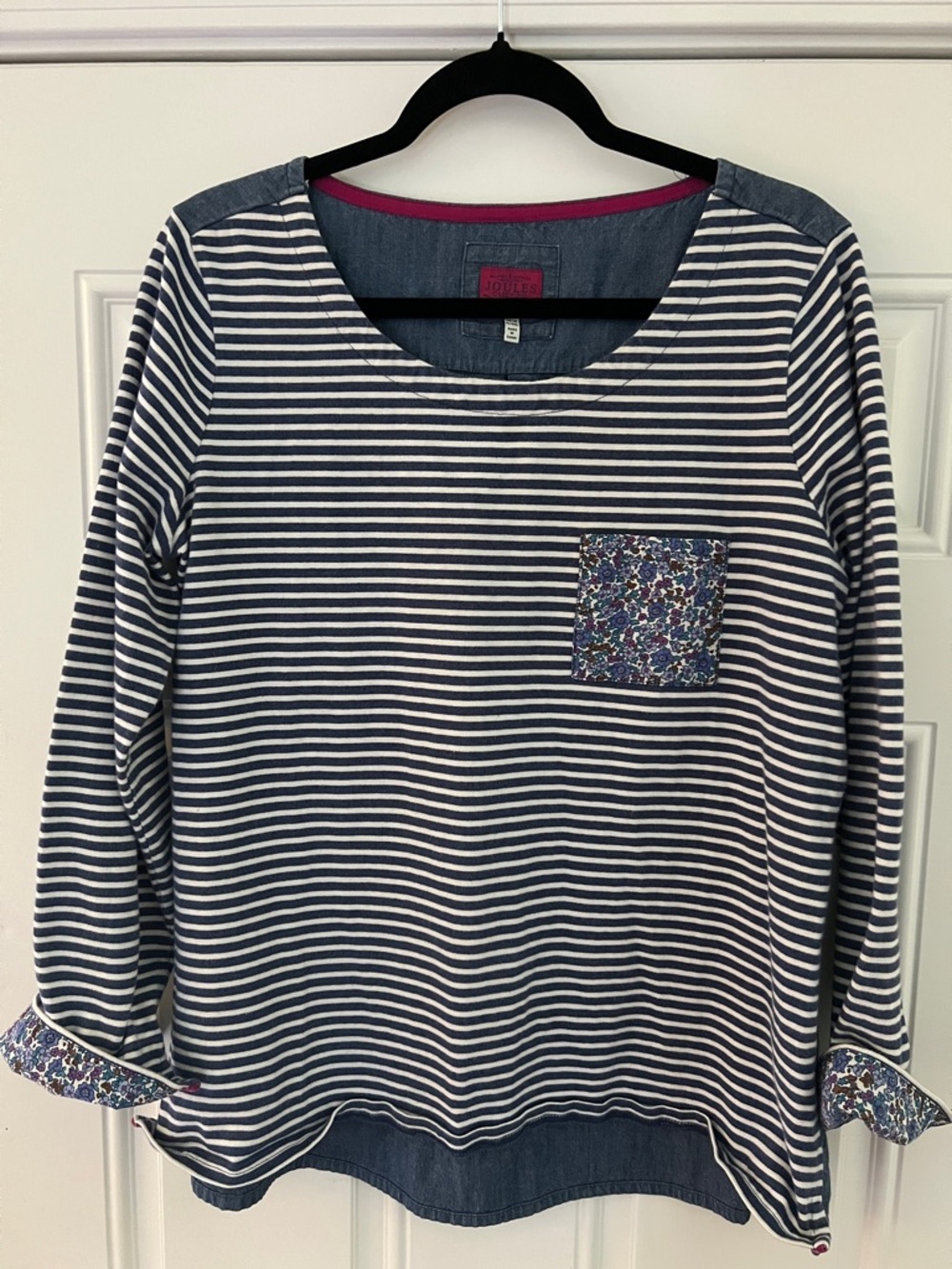 Joules Navy and White Striped Long Sleeve Top with Floral Pocket Size: 14
